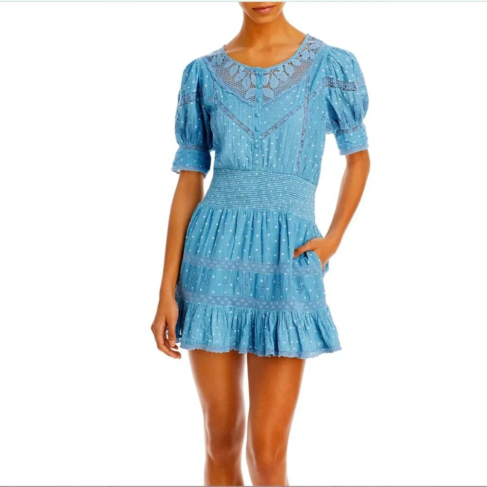 NWT LoveShackFancy Jaislyn blue Cotton Mini Dress - Women's Medium Puff Sleeves - Picture 2 of 9